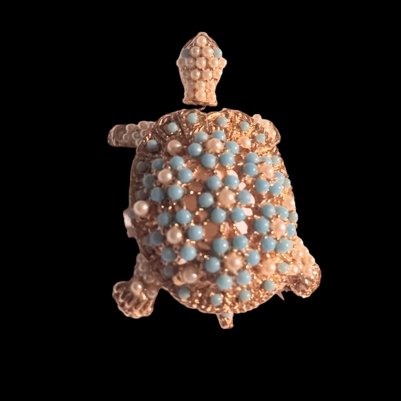 VINTAGE RARE CINER UNSIGNED TURTLE BROOCH PIN TURQUOISE FLOWERS - Picture 3 of 5